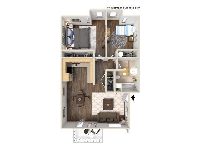 Floor plan for 2 beds, 1 bath, 910 sqft