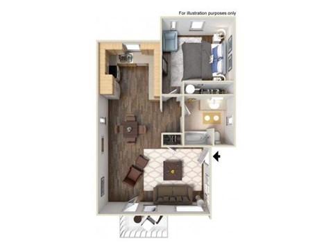 Floor plan for 1 bed, 1 bath, 724 sqft