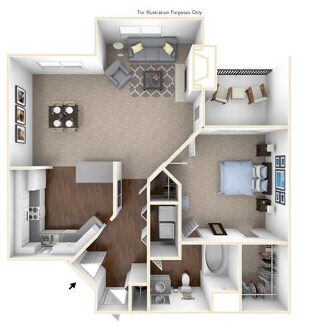 Floor plan for 1 bed, 1 bath, 773 sqft