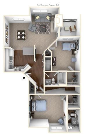 Floor plan for 2 beds, 2 baths, 1096 sqft
