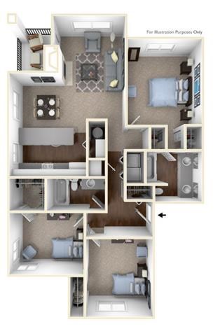 Floor plan for 3 beds, 2 baths, 1265 sqft