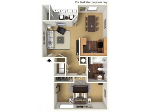 Floor plan for 1 bed, 1 bath, 747 sqft