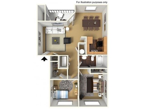 Floor plan for 2 beds, 1 bath, 901 sqft