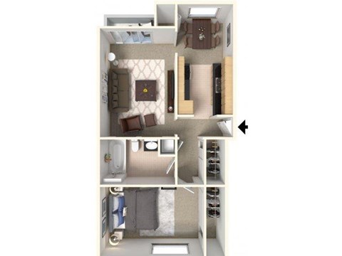 Floor plan for 1 bed, 1 bath, 750 sqft