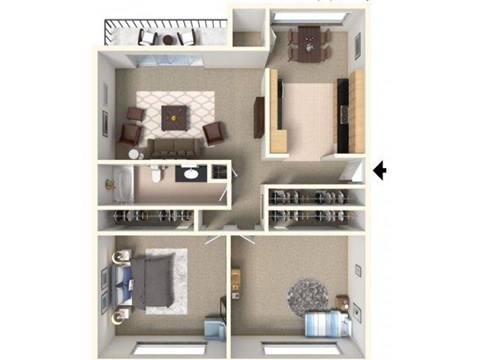 Floor plan for 2 beds, 1 bath, 850 sqft