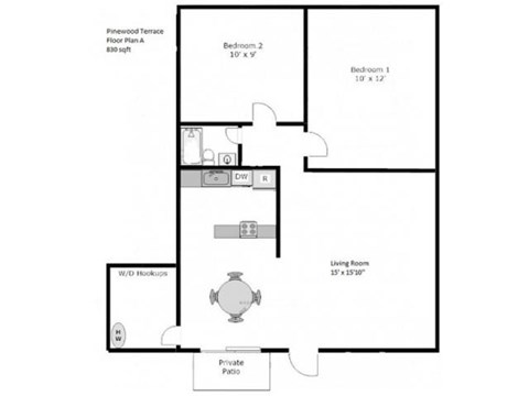 Floor plan for 2 beds, 1 bath, 830 sqft