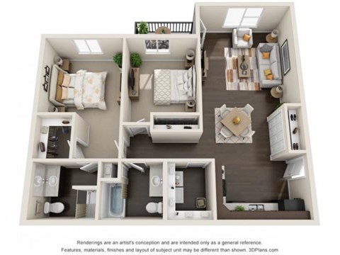 Floor plan for 2 beds, 2 baths, 1109 sqft
