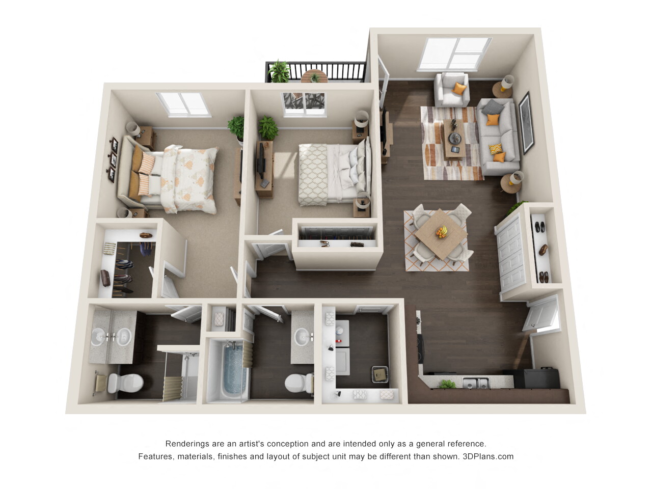 Floor plan for 2 beds, 2 baths, 1109 sqft