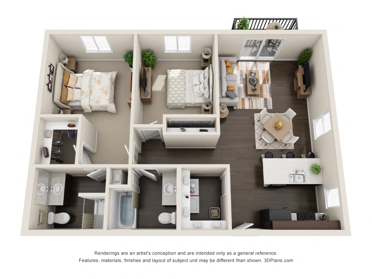 Floor plan for 2 beds, 2 baths, 1039 sqft