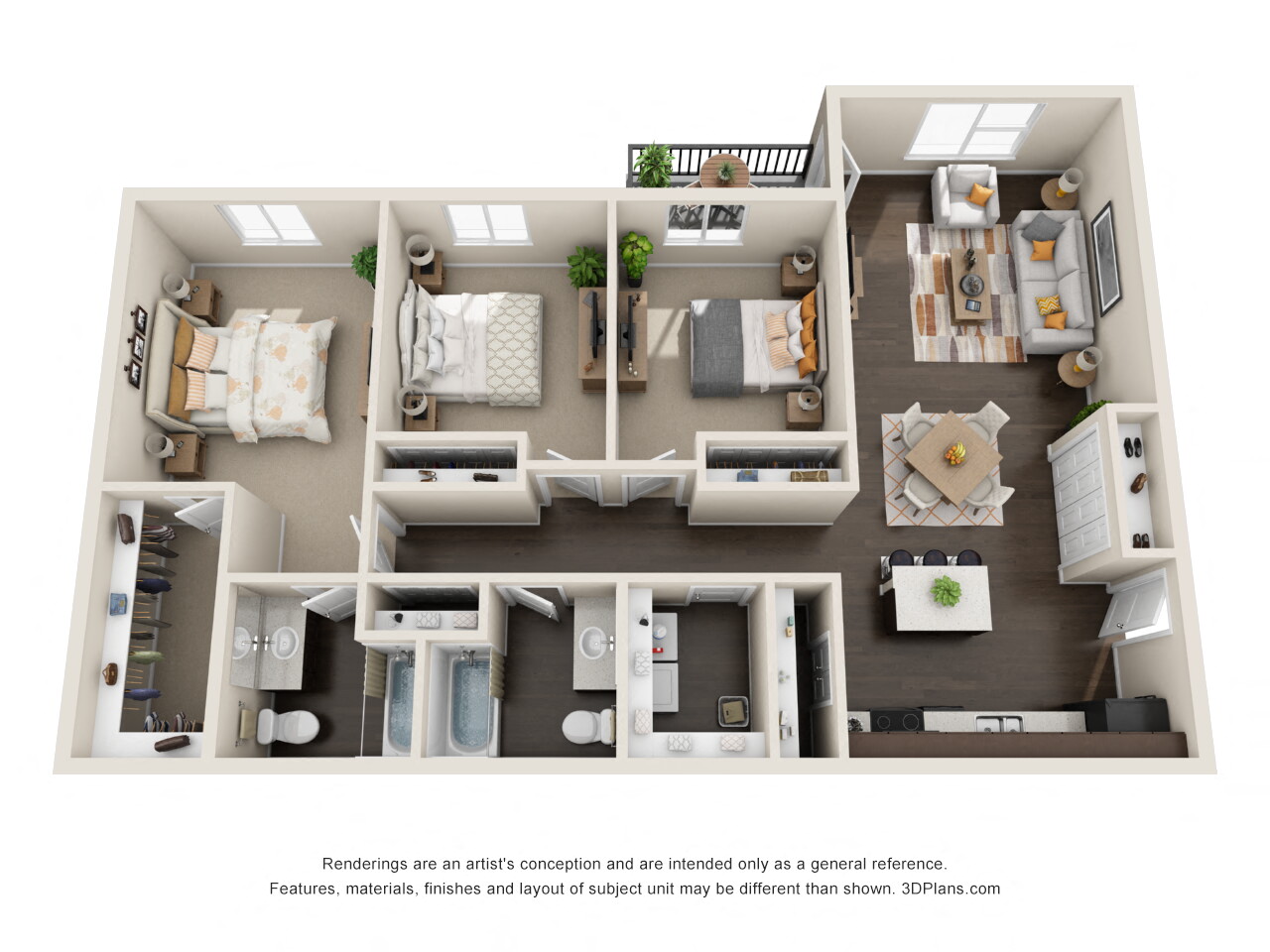 Floor plan for 3 beds, 2 baths, 1406 sqft
