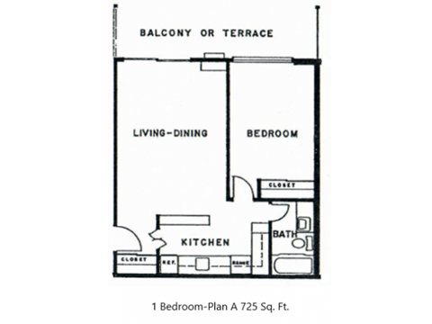 Floor plan for 1 bed, 1 bath, 725 sqft