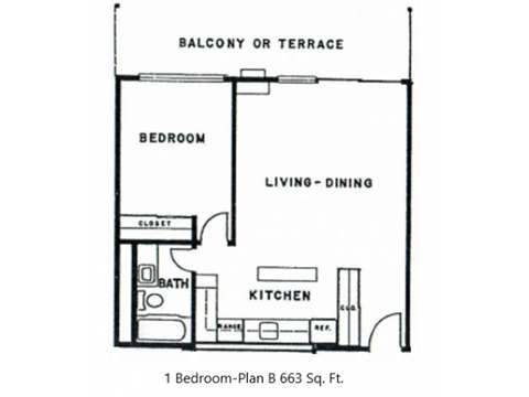 Floor plan for 1 bed, 1 bath, 663 sqft