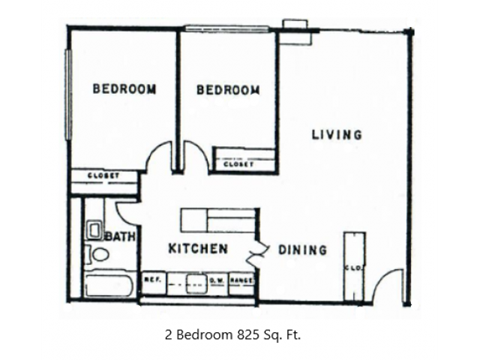 Floor plan for 2 beds, 1 bath, 825 sqft
