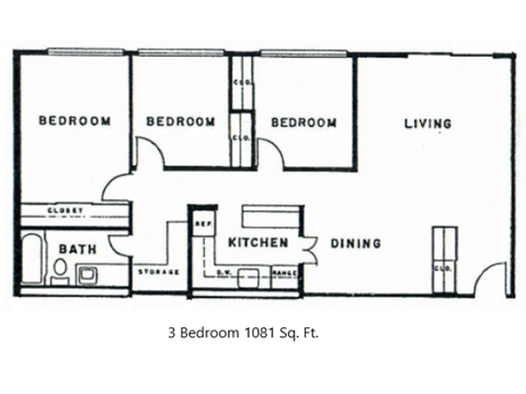 Floor plan for 3 beds, 1 bath, 1081 sqft