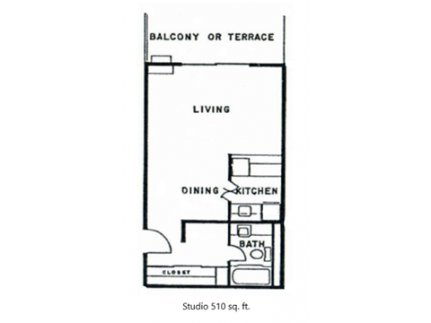 Floor plan for studio, 1 bath, 510 sqft