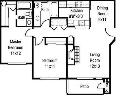 Floor plan for 2 beds, 2 baths, 915 sqft