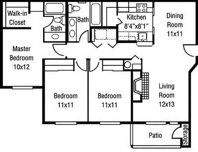 Floor plan for 3 beds, 2 baths, 1150 sqft