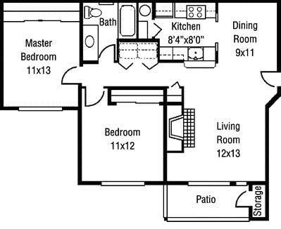 Floor plan for 2 beds, 1 bath, 880 sqft