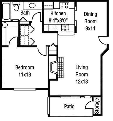 Floor plan for 1 bed, 1 bath, 700 sqft