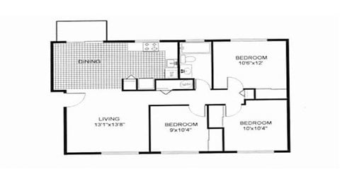 Floor plan for 3 beds, 1 bath, 925 sqft