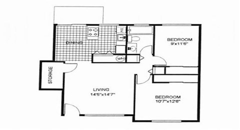Floor plan for 2 beds, 1 bath, 785 sqft