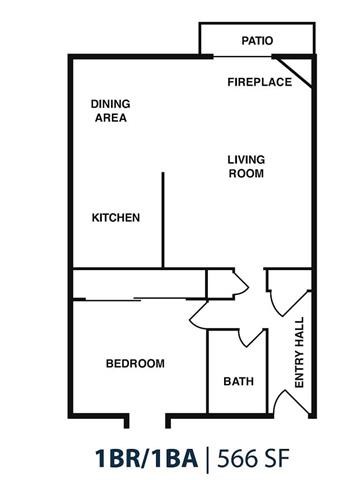 Floor plan for 1 bed, 1 bath, 566 sqft