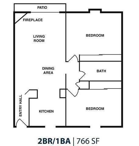 Floor plan for 2 beds, 1 bath, 756 sqft