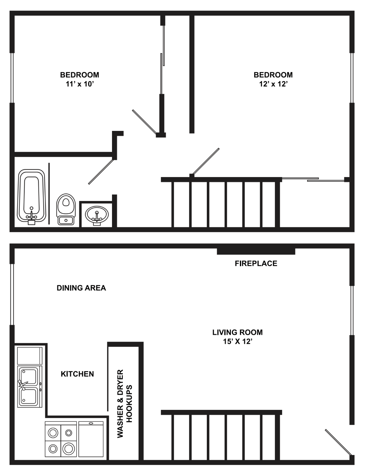 Floor plan for 2 beds, 1 bath, 896 sqft
