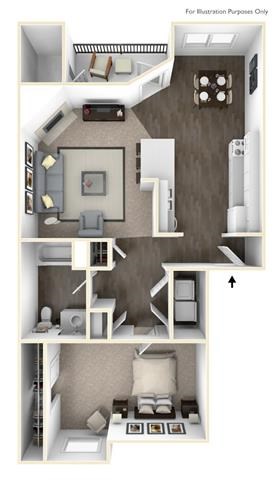 Floor plan for 1 bed, 1 bath, 725 sqft
