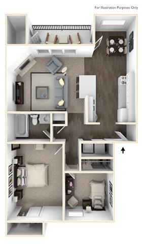 Floor plan for 2 beds, 1 bath, 865 sqft