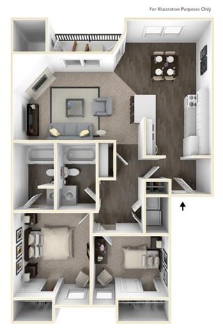 Floor plan for 2 beds, 2 baths, 924 sqft