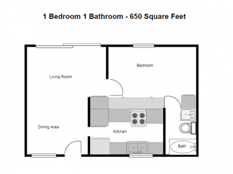 Floor plan for 1 bed, 1 bath, 650 sqft