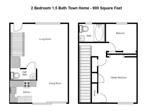 Floor plan for 2 beds, 1.5 baths, 900 sqft