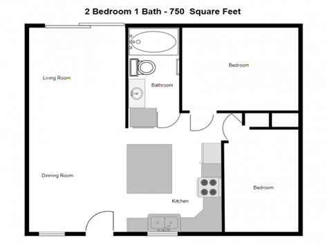 Floor plan for 2 beds, 1 bath, 750 sqft