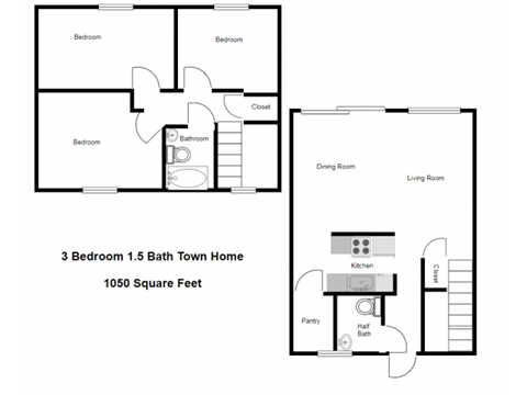 Floor plan for 3 beds, 1.5 baths, 1050 sqft