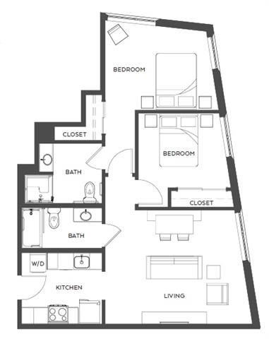 Floor plan for 2 beds, 2 baths, 816 sqft