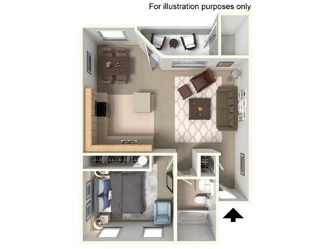 Floor plan for 1 bed, 1 bath, 604 sqft