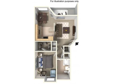 Floor plan for 1 bed, 1 bath, 764 sqft