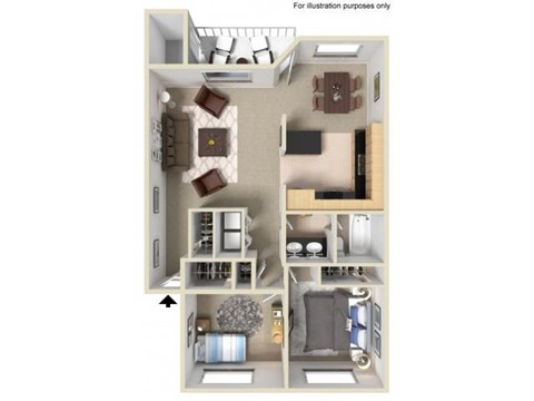Floor plan for 2 beds, 1 bath, 944 sqft
