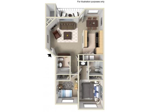 Floor plan for 2 beds, 2 baths, 1005 sqft