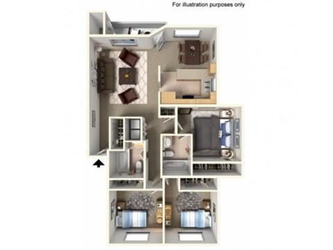 Floor plan for 3 beds, 2 baths, 1130 sqft
