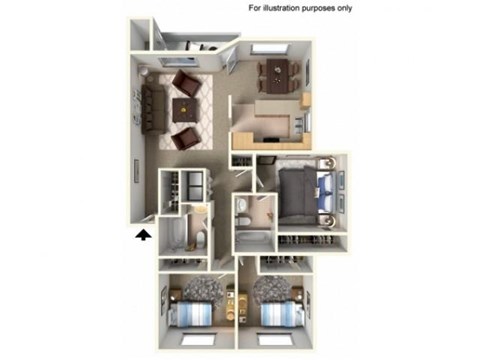 Floor plan for 3 beds, 2 baths, 1168 sqft