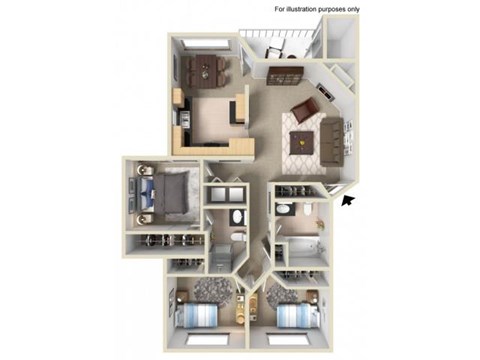 Floor plan for 3 beds, 2 baths, 1268 sqft