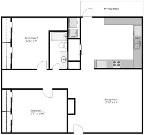 Floor plan for 2 beds, 1 bath, 875 sqft