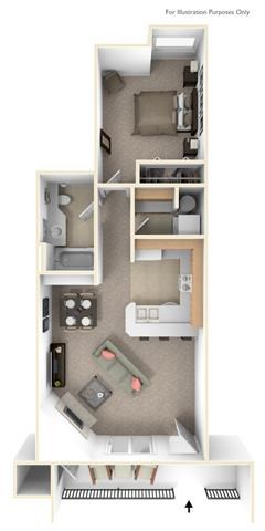 Floor plan for 1 bed, 1 bath, 645 sqft