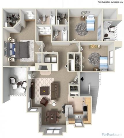 Floor plan for 3 beds, 2 baths, 1216 sqft