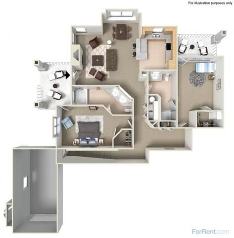 Floor plan for 2 beds, 2 baths, 1405 sqft