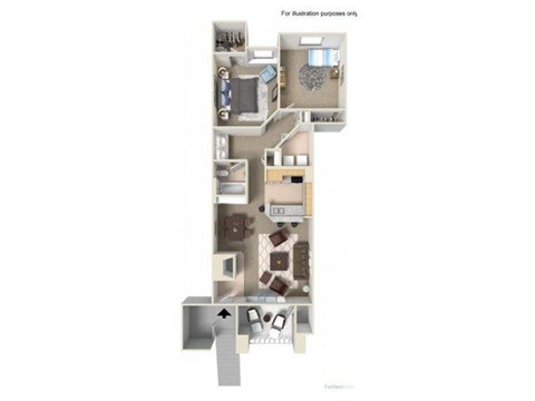 Floor plan for 2 beds, 1 bath, 881 sqft