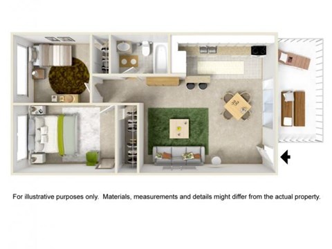 Floor plan for 2 beds, 1 bath, 496 sqft