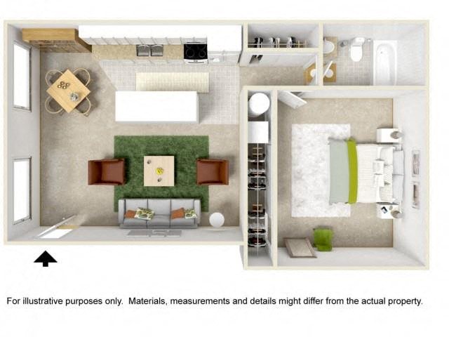 Floor plan for 1 bed, 1 bath, 620 sqft